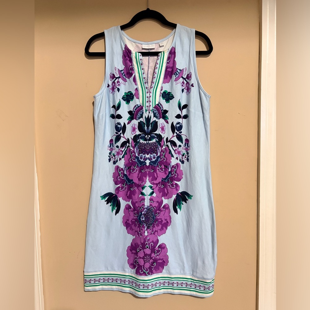 New York & Co Sleeveless Shift Cotton Knit Dress with Purple Floral Medium